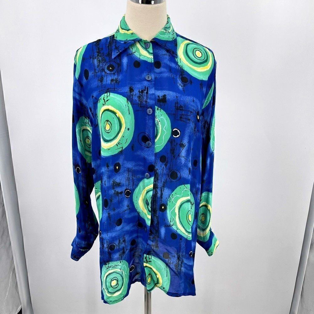 Dadier Parakian womans top S long sleeve button up silky geometric print blue